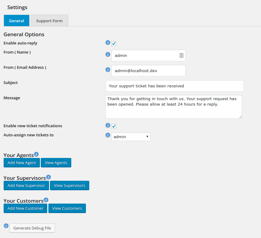 WordPress helpdesk general settings